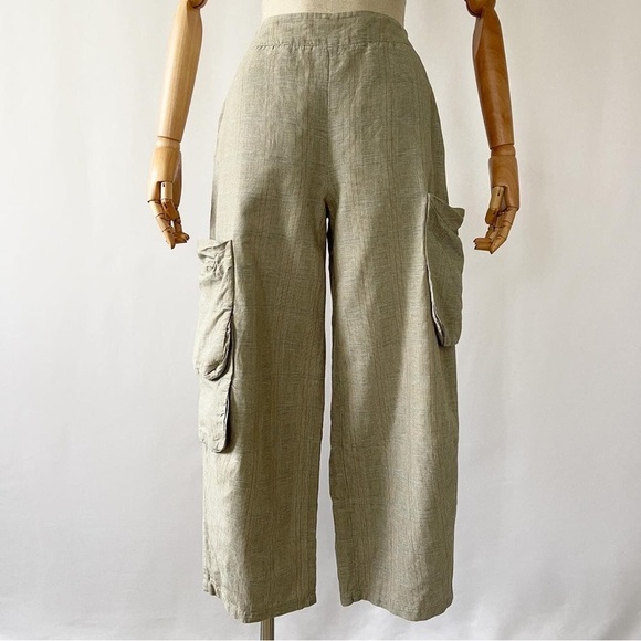 Lilith Womens Linen Blend Pants Trouser Cargo Capri Wide Leg Small Plaid EUC